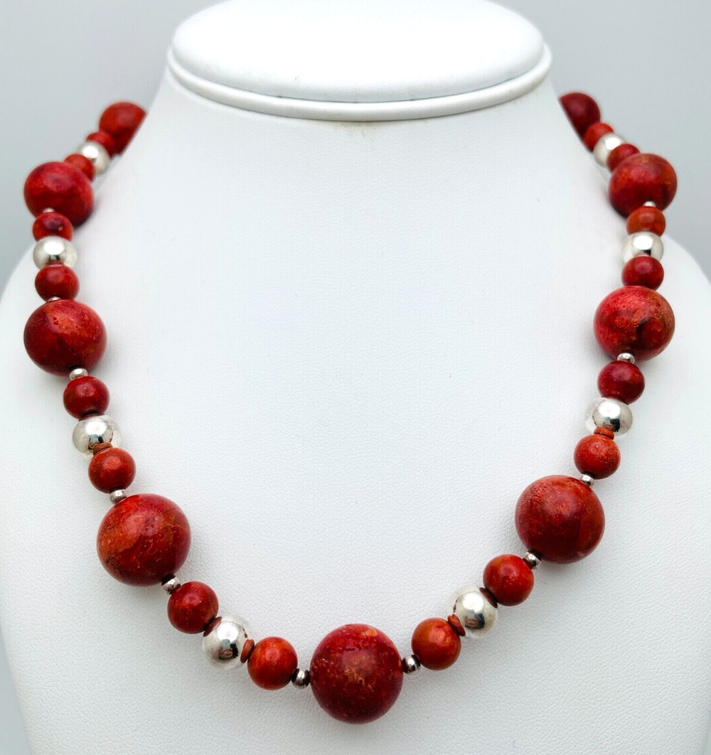 Red Coral Silver Tone Beaded Necklace Round Beads 18 Inch 925 Lobster Clasp